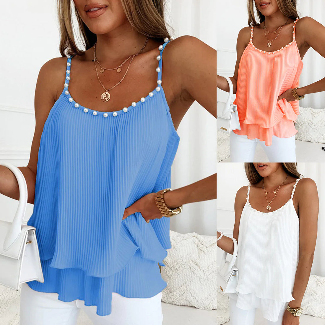 Pearl Accent Pleated Tank Top