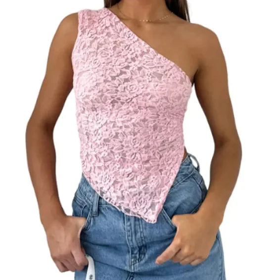 Fairy Lace Cami Top – Sexy One-Shoulder Mesh Crop Tank